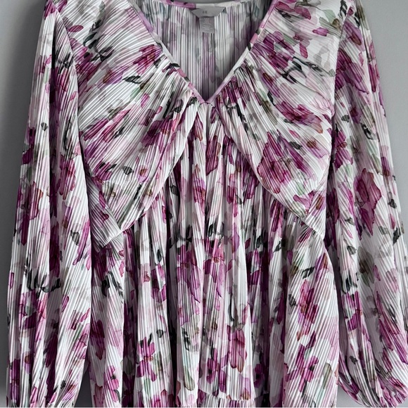 H&M Plissé Pink Watercolor Floral Long Sleeve V-Neck Dress Sz Medium - Picture 5 of 11
